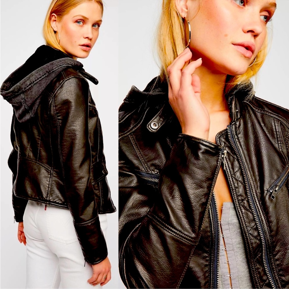 Free People Vegan Leather Jacket Large Washed Black Monroe Hooded Moto Biker